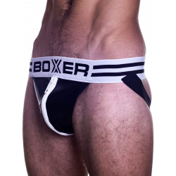 BoXer Sexy Jock Jockstrap Big Zip Underwear Black/White (White Waistband) (T5562)